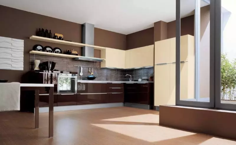 Brown kuhinja (91 fotografije): odabir kuhinjskih slušalica svjetla, tamna i siva smeđa u unutrašnjosti. U kojem tonove i dizajnu biraju pozadinu za zidove? 21143_75