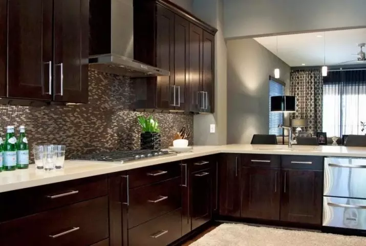 Brown kuhinja (91 fotografije): odabir kuhinjskih slušalica svjetla, tamna i siva smeđa u unutrašnjosti. U kojem tonove i dizajnu biraju pozadinu za zidove? 21143_90
