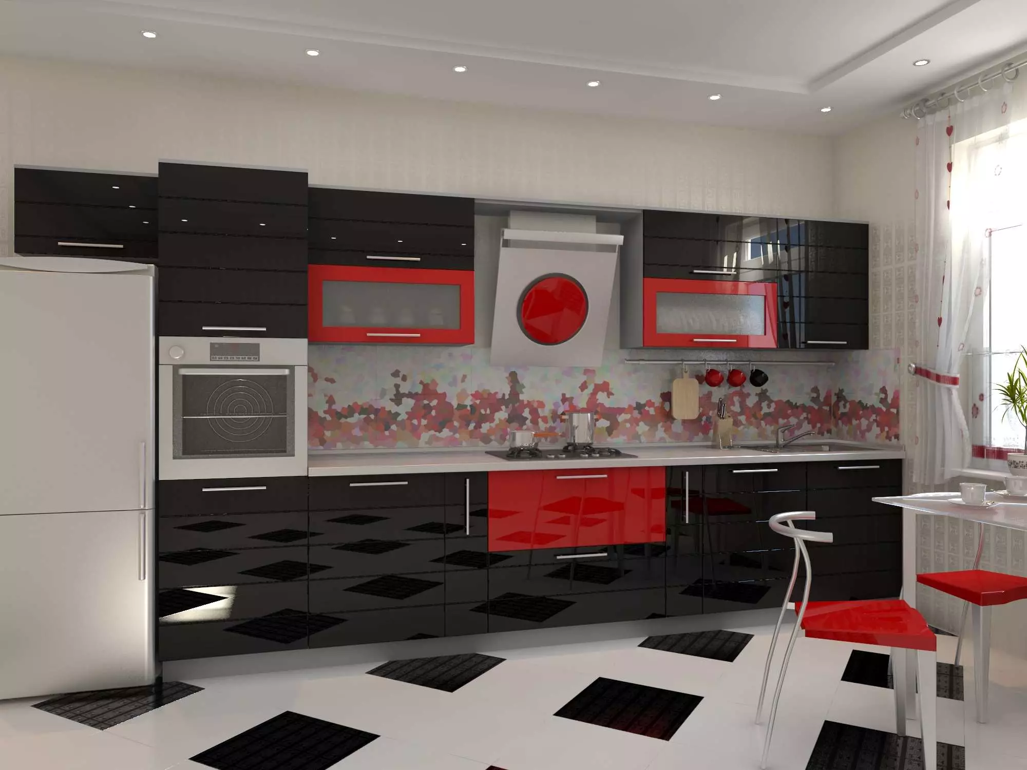 Nhà bếp màu đỏ và đen (77 ảnh): Góc và nhà bếp thẳng Giáng sinh và nhà bếp trắng thiết kế trong thiết kế nội thất, bếp bóng màu đỏ và đáy đen 21144_45