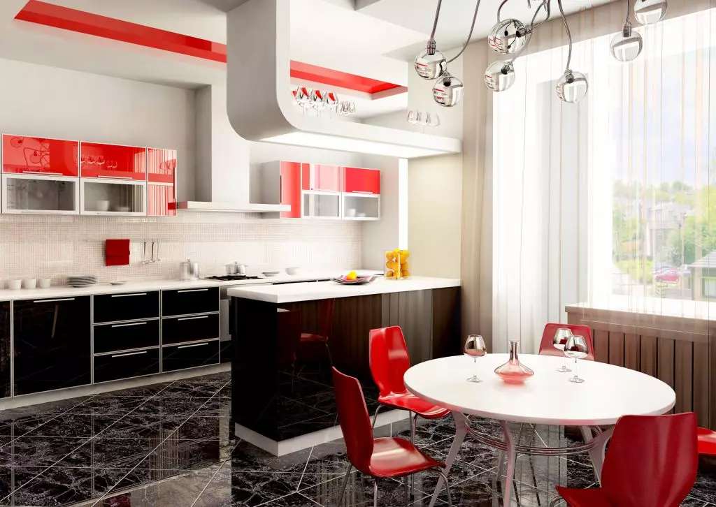 Nhà bếp màu đỏ và đen (77 ảnh): Góc và nhà bếp thẳng Giáng sinh và nhà bếp trắng thiết kế trong thiết kế nội thất, bếp bóng màu đỏ và đáy đen 21144_53