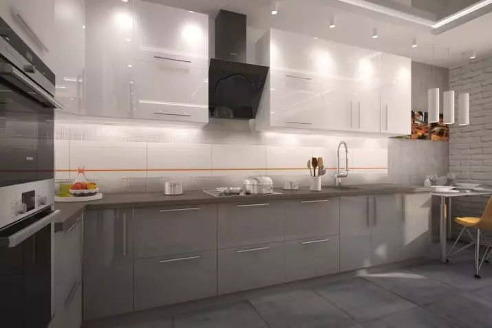 Virtuve ar baltu izjādes un pelēkā dibena (39 fotogrāfijas): balta grafīta glancētu virtuves austiņu kombinācija ar interjeru. Dizaina opcijas 21145_8