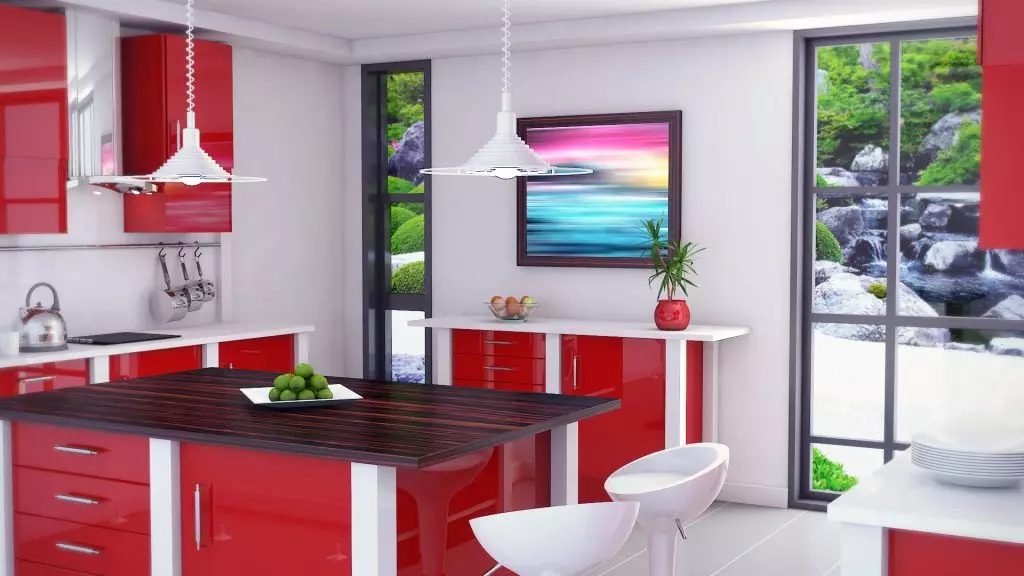 Cociña vermella e branca (65 fotos): BLANCA COCIÑA DA COCIÑA Fondo vermello en deseño de interiores. Que fondos de pantalla se axusten ás auriculares da cociña en cor vermella-branca? 21146_13