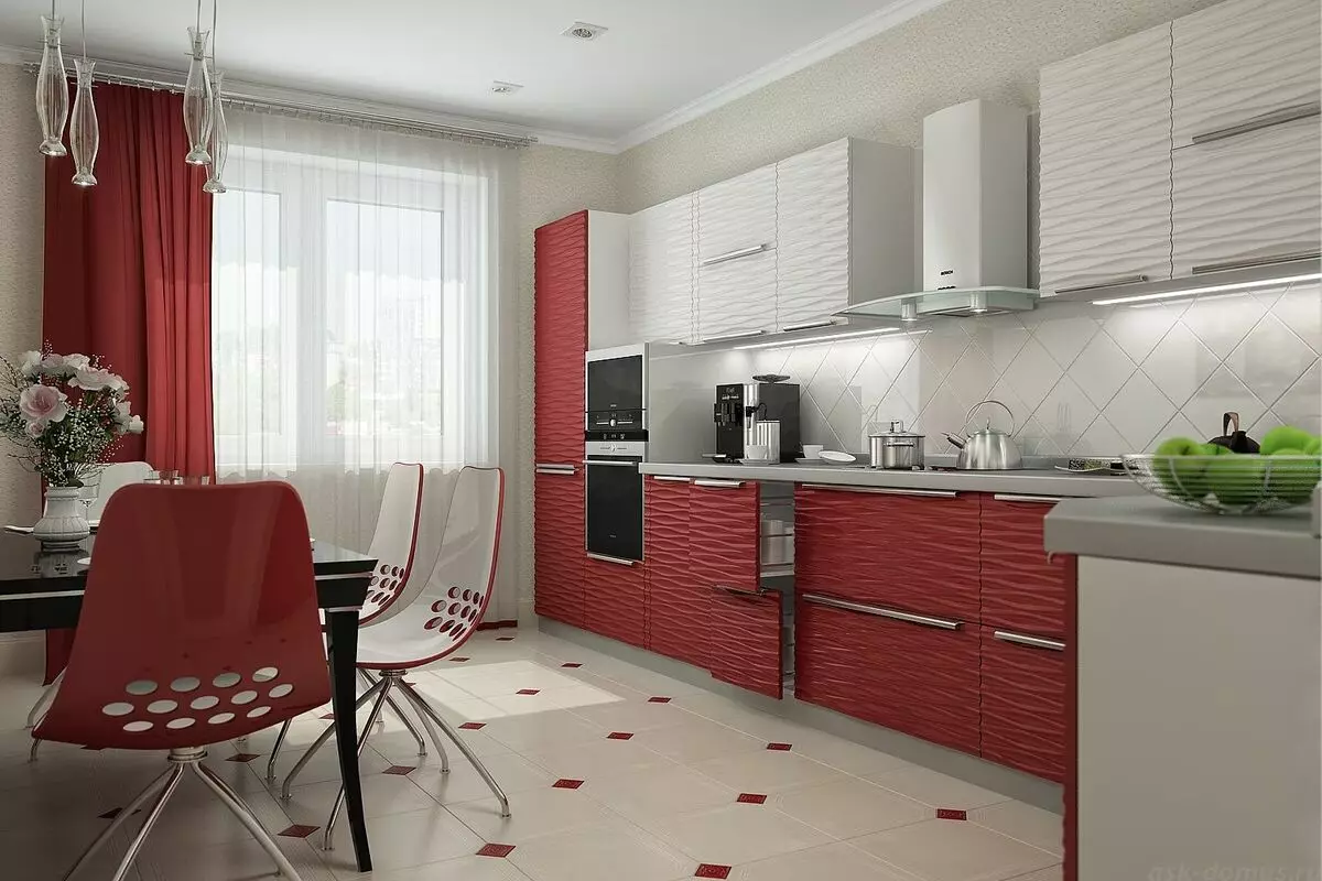 Cociña vermella e branca (65 fotos): BLANCA COCIÑA DA COCIÑA Fondo vermello en deseño de interiores. Que fondos de pantalla se axusten ás auriculares da cociña en cor vermella-branca? 21146_14