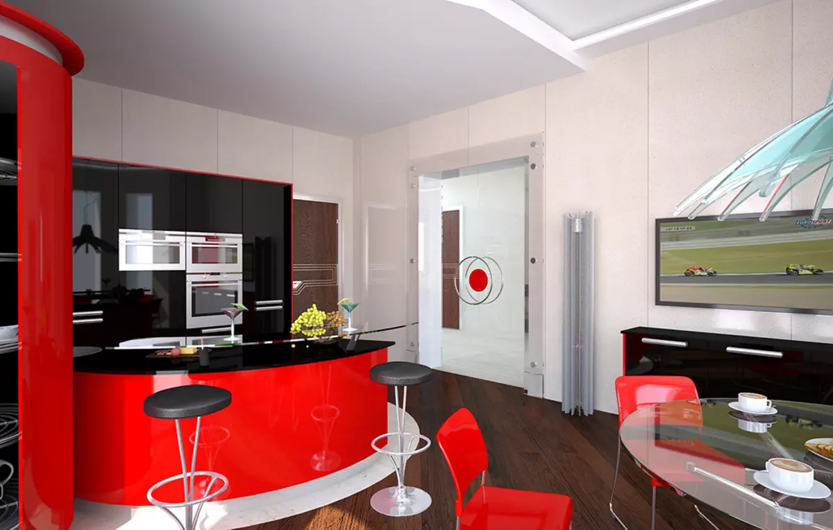 Cociña vermella e branca (65 fotos): BLANCA COCIÑA DA COCIÑA Fondo vermello en deseño de interiores. Que fondos de pantalla se axusten ás auriculares da cociña en cor vermella-branca? 21146_38