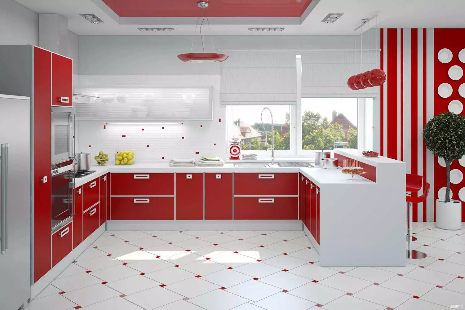 Cociña vermella e branca (65 fotos): BLANCA COCIÑA DA COCIÑA Fondo vermello en deseño de interiores. Que fondos de pantalla se axusten ás auriculares da cociña en cor vermella-branca? 21146_45