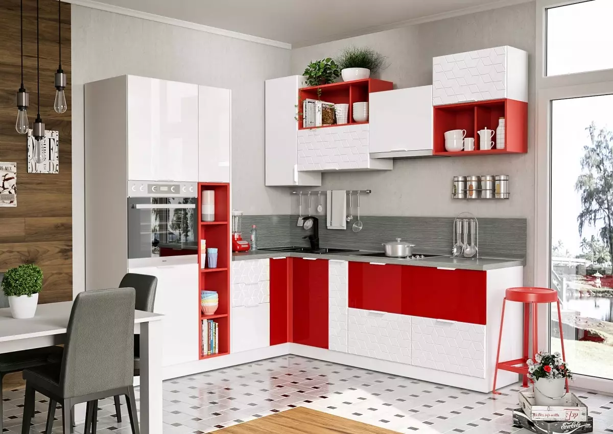Cociña vermella e branca (65 fotos): BLANCA COCIÑA DA COCIÑA Fondo vermello en deseño de interiores. Que fondos de pantalla se axusten ás auriculares da cociña en cor vermella-branca? 21146_47