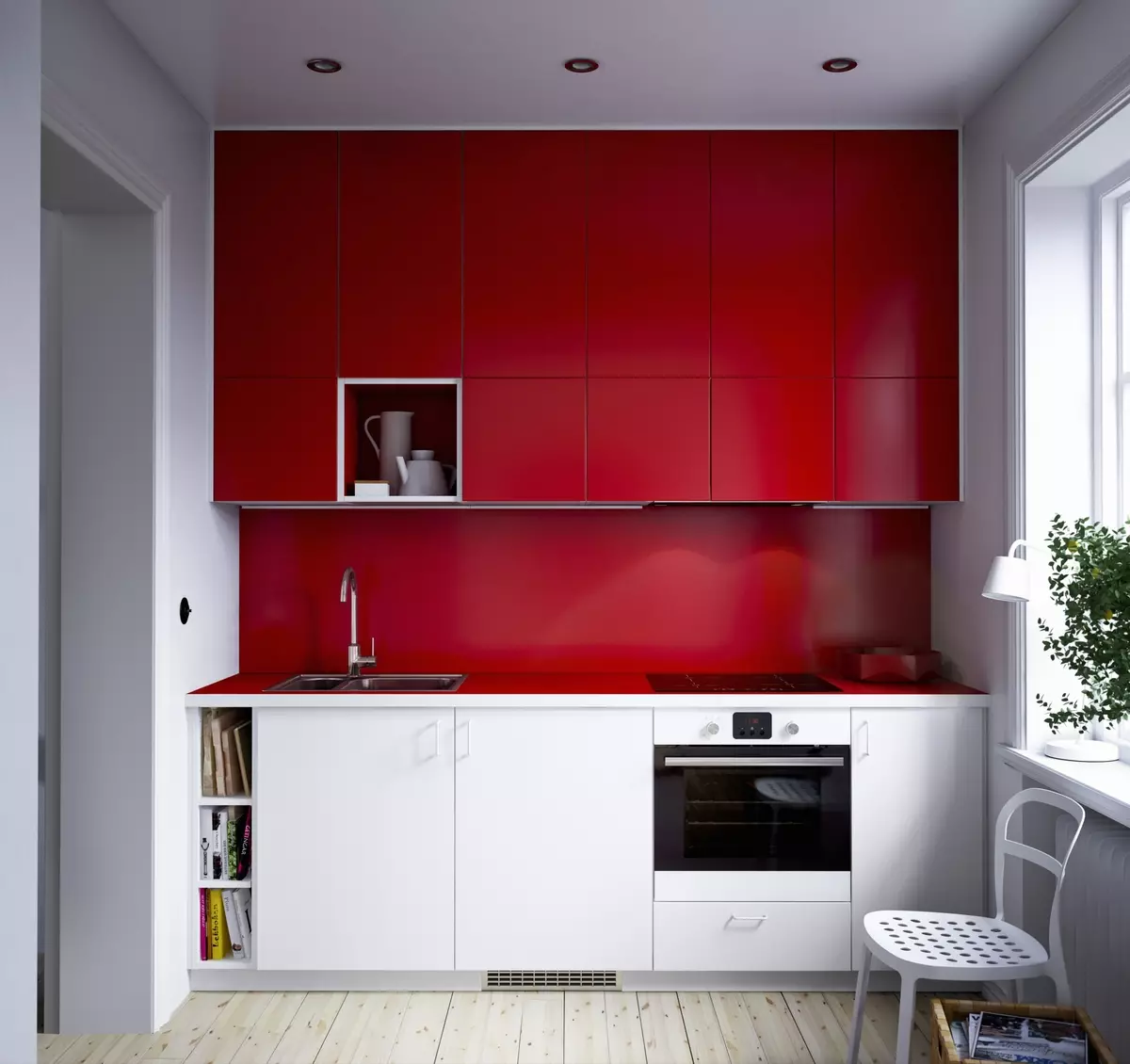 Cociña vermella e branca (65 fotos): BLANCA COCIÑA DA COCIÑA Fondo vermello en deseño de interiores. Que fondos de pantalla se axusten ás auriculares da cociña en cor vermella-branca? 21146_61