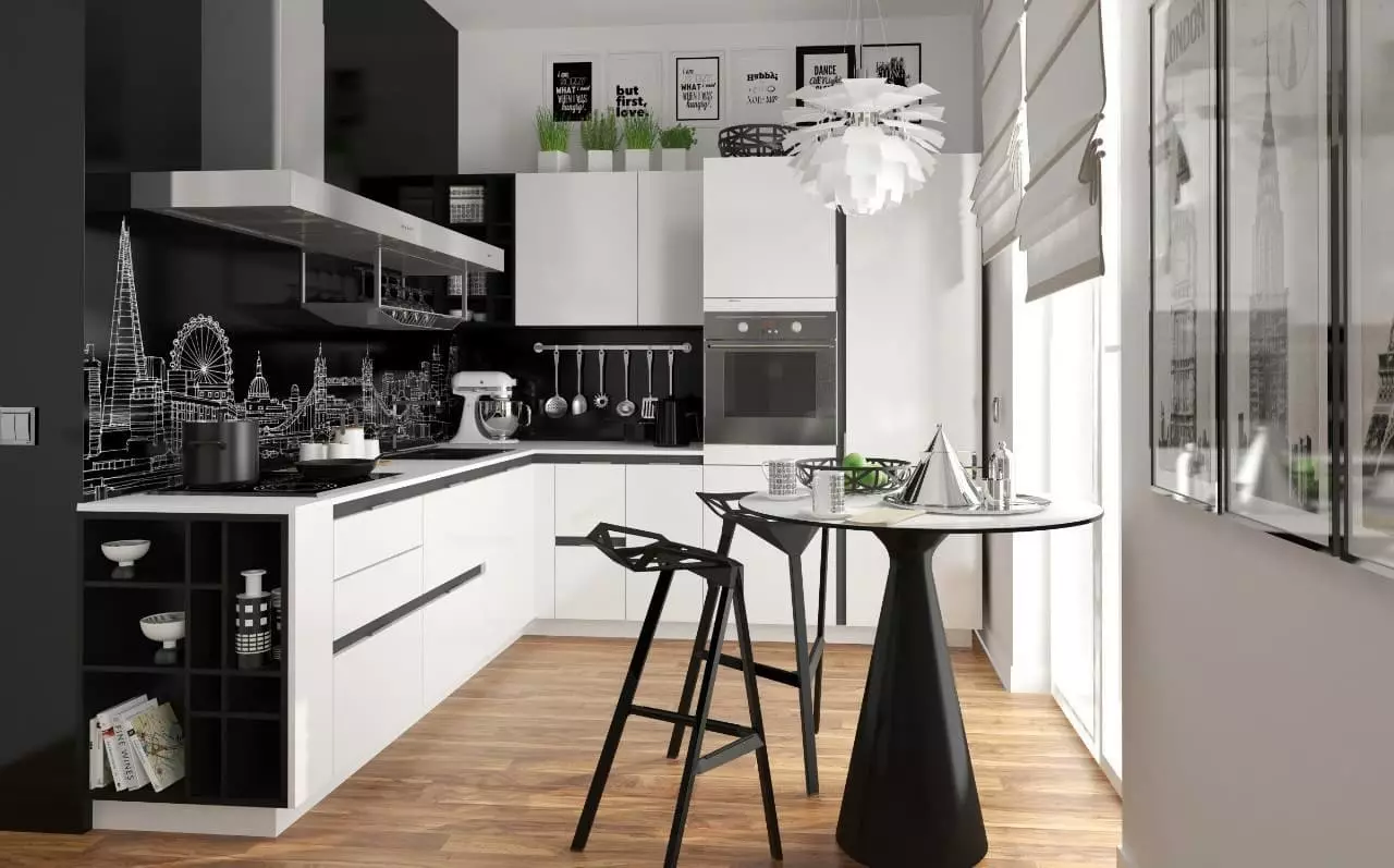 Fekete-fehér konyha (105 fotók): fekete-fehér konyha a belsőépítészetben, fekete-fehér konyha, fekete-fehér konyha különböző stílusokban. Milyen hangok illeszkednek? 21148_102