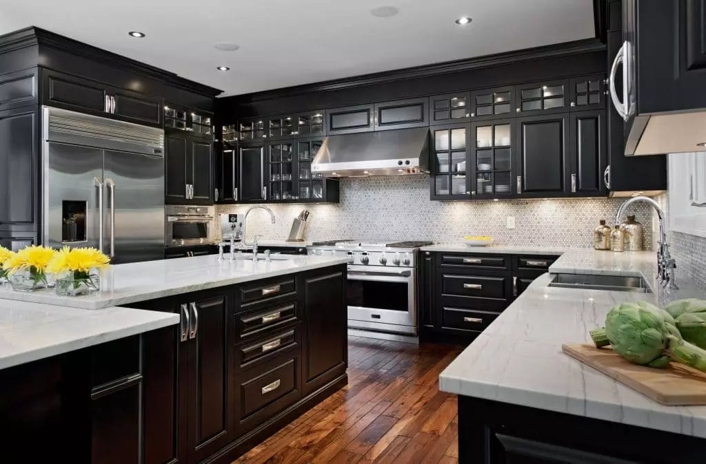 Црна и бела кујна (105 фотографии): црна и бела кујна поставена во дизајнот на ентериер, кујна со црни апарати, црна и бела кујна во различни стилови. Кои тонови ќе се вклопат? 21148_13