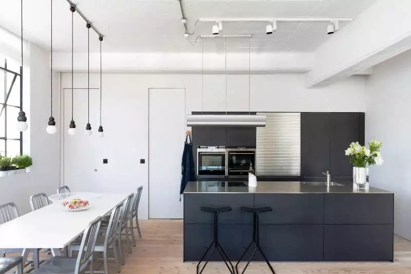 黑白廚房（105張照片）：黑色和白色廚房在室內設計，廚房用黑色電器，黑色和白色廚房用不同的款式。什麼調味？ 21148_14