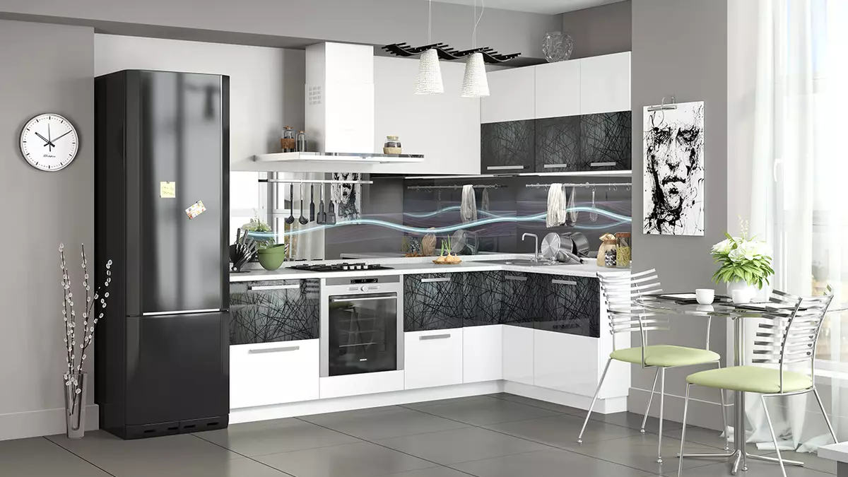 Սեւ եւ սպիտակ խոհանոց (105 լուսանկար). Սեւ եւ սպիտակ խոհանոցը տեղադրված է ինտերիերի ձեւավորման, խոհանոցը սեւ տեխնիկայով, սեւ եւ սպիտակ խոհանոցով տարբեր ոճերով: Ինչ երանգներ կտեղավորվեն: 21148_21