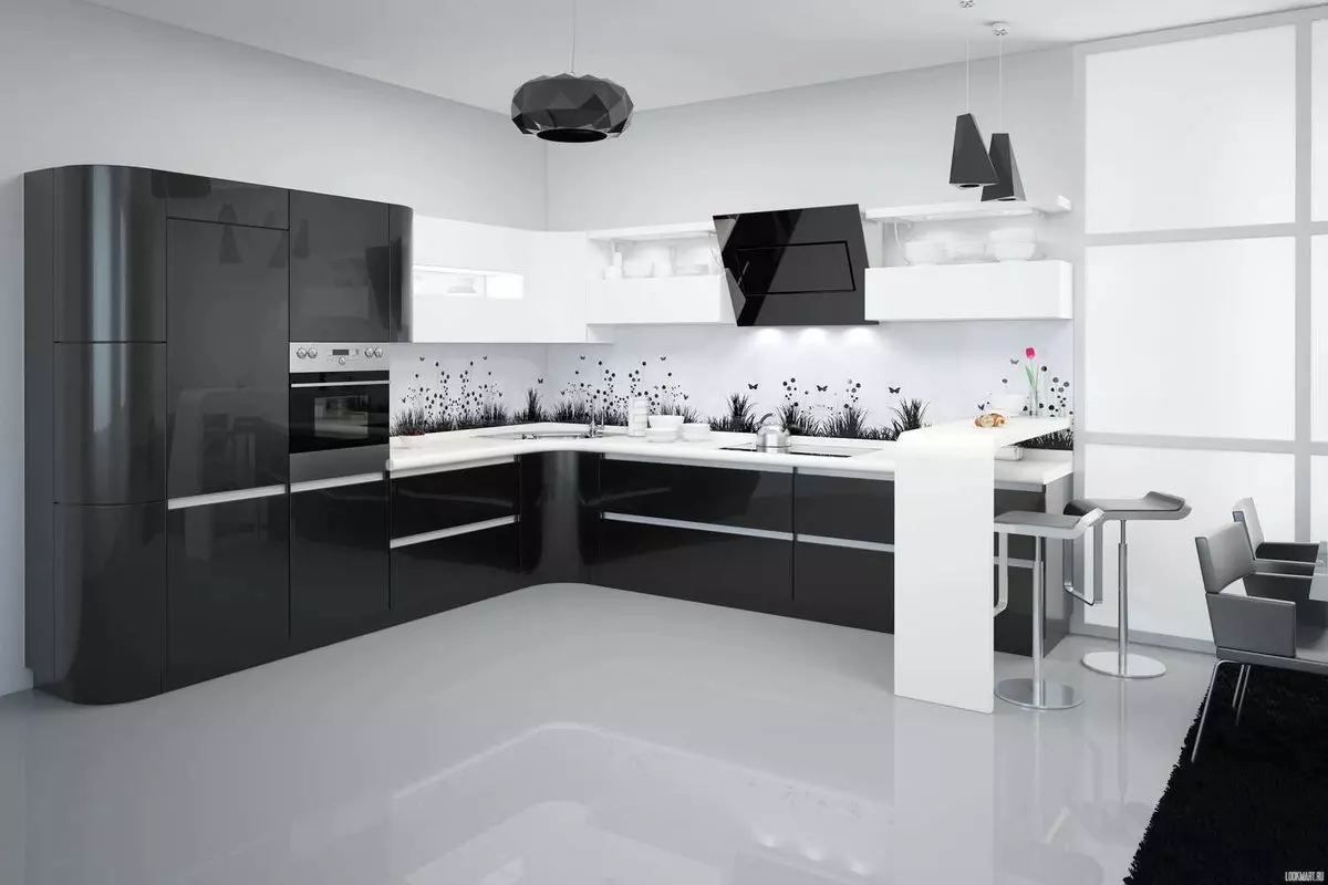 Nhà bếp màu đen và trắng (105 ảnh): Bộ bếp màu đen và trắng trong thiết kế nội thất, nhà bếp với các thiết bị màu đen, nhà bếp màu đen và trắng theo các phong cách khác nhau. Những tông màu sẽ phù hợp? 21148_26