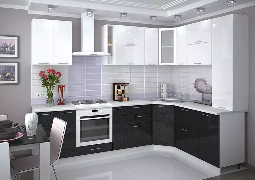 سیاہ اور سفید باورچی خانے (105 فوٹو): سیاہ اور سفید باورچی خانے میں داخلہ ڈیزائن، سیاہ ایپلائینسز کے ساتھ باورچی خانے، مختلف شیلیوں میں سیاہ اور سفید باورچی خانے کے ساتھ. کیا ٹون فٹ ہوں گے؟ 21148_27