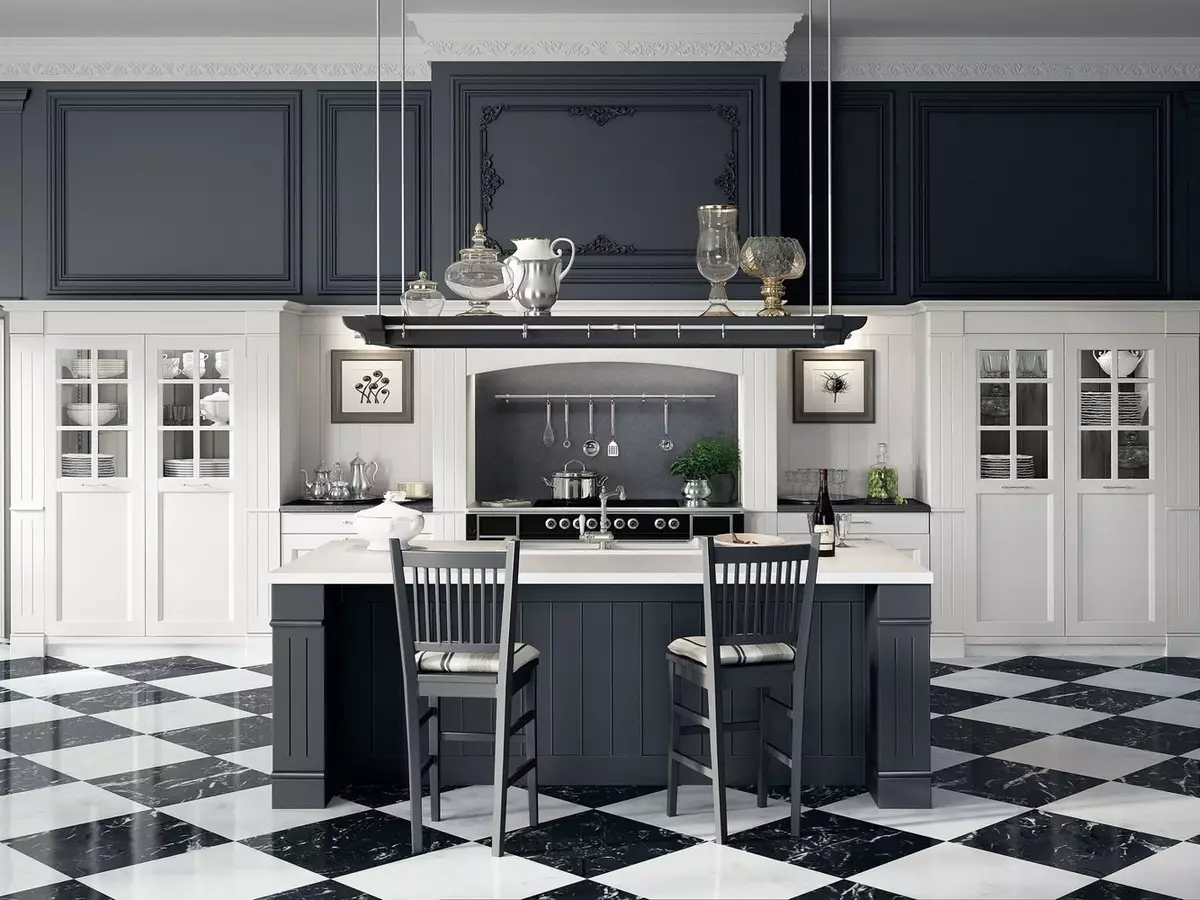 Црна и бела кујна (105 фотографии): црна и бела кујна поставена во дизајнот на ентериер, кујна со црни апарати, црна и бела кујна во различни стилови. Кои тонови ќе се вклопат? 21148_29