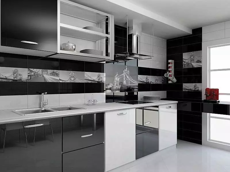 Црна и бела кујна (105 фотографии): црна и бела кујна поставена во дизајнот на ентериер, кујна со црни апарати, црна и бела кујна во различни стилови. Кои тонови ќе се вклопат? 21148_30