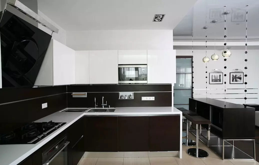 黑白廚房（105張照片）：黑色和白色廚房在室內設計，廚房用黑色電器，黑色和白色廚房用不同的款式。什麼調味？ 21148_39