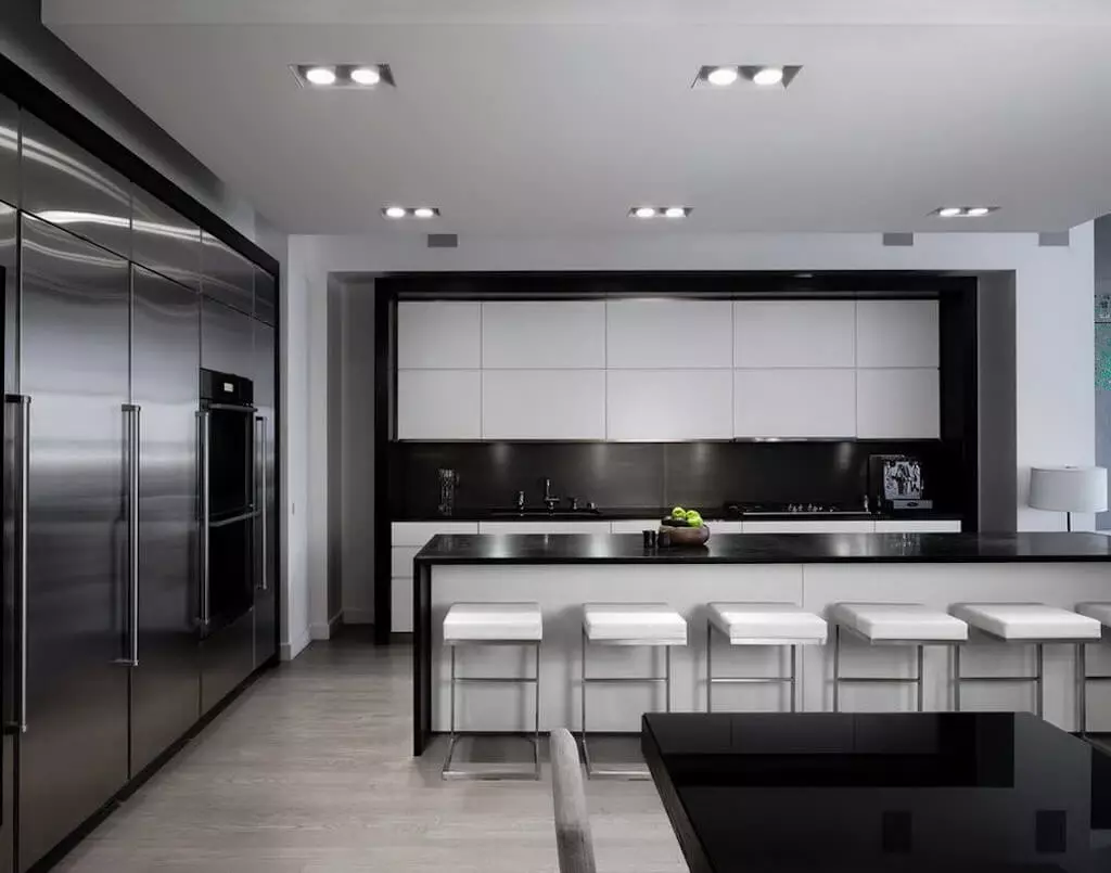 Սեւ եւ սպիտակ խոհանոց (105 լուսանկար). Սեւ եւ սպիտակ խոհանոցը տեղադրված է ինտերիերի ձեւավորման, խոհանոցը սեւ տեխնիկայով, սեւ եւ սպիտակ խոհանոցով տարբեր ոճերով: Ինչ երանգներ կտեղավորվեն: 21148_61
