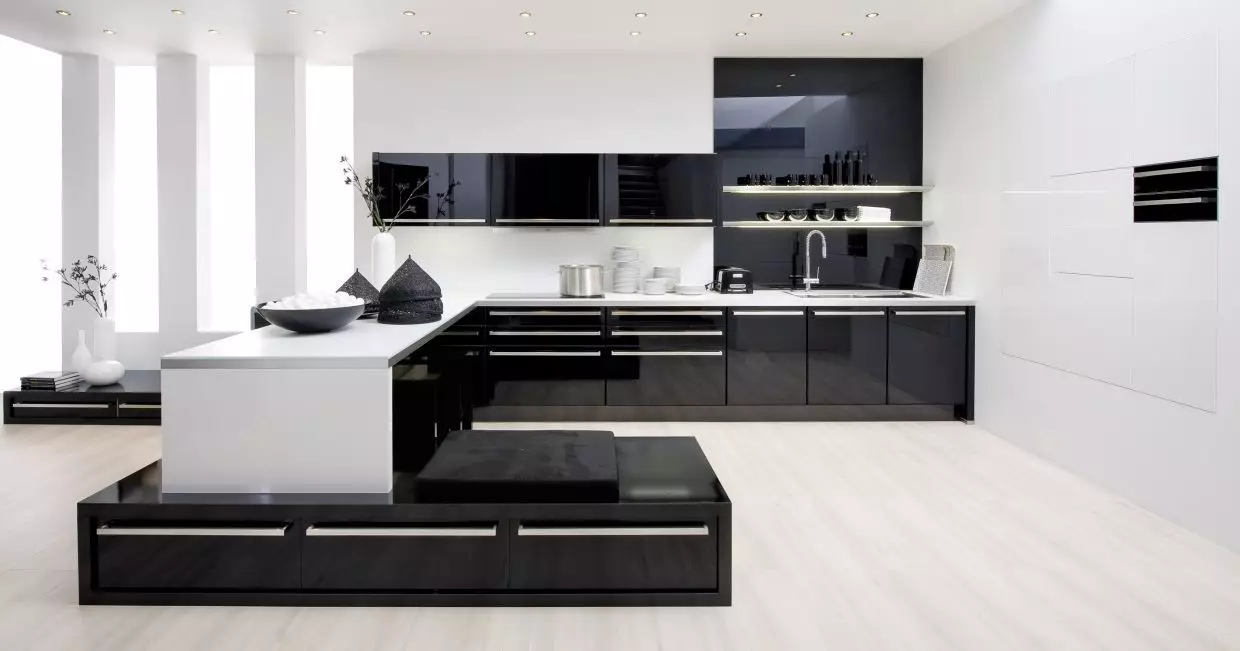 Cozinha preta e branca (105 fotos): cozinha preto e branco ajustada no projeto de interiores, cozinha com eletrodomésticos, cozinha preto e branco em estilos diferentes. Quais tons se encaixam? 21148_62