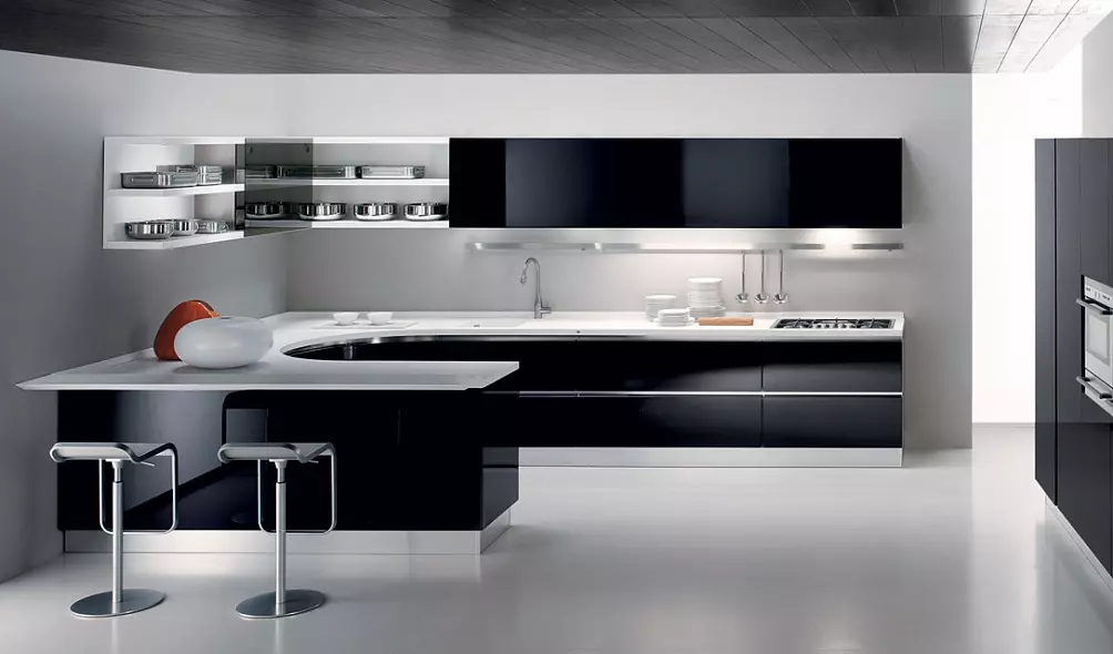سیاہ اور سفید باورچی خانے (105 فوٹو): سیاہ اور سفید باورچی خانے میں داخلہ ڈیزائن، سیاہ ایپلائینسز کے ساتھ باورچی خانے، مختلف شیلیوں میں سیاہ اور سفید باورچی خانے کے ساتھ. کیا ٹون فٹ ہوں گے؟ 21148_64