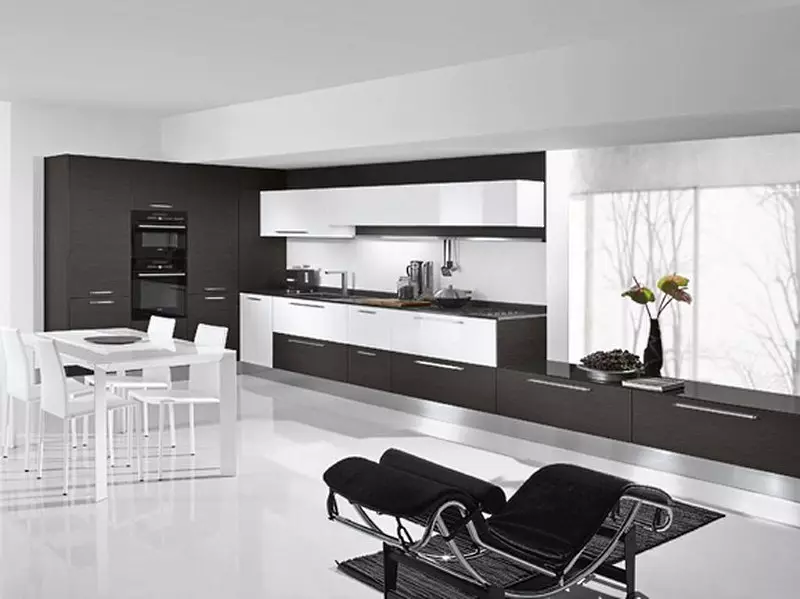 Fekete-fehér konyha (105 fotók): fekete-fehér konyha a belsőépítészetben, fekete-fehér konyha, fekete-fehér konyha különböző stílusokban. Milyen hangok illeszkednek? 21148_65