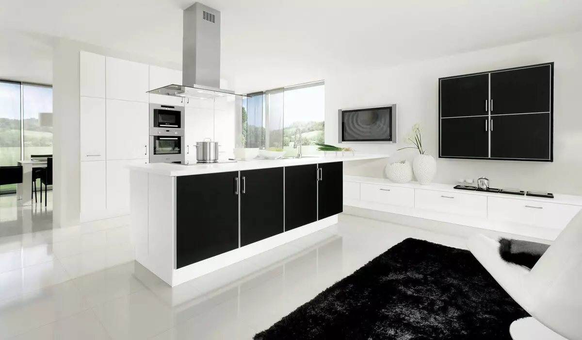 Fekete-fehér konyha (105 fotók): fekete-fehér konyha a belsőépítészetben, fekete-fehér konyha, fekete-fehér konyha különböző stílusokban. Milyen hangok illeszkednek? 21148_68