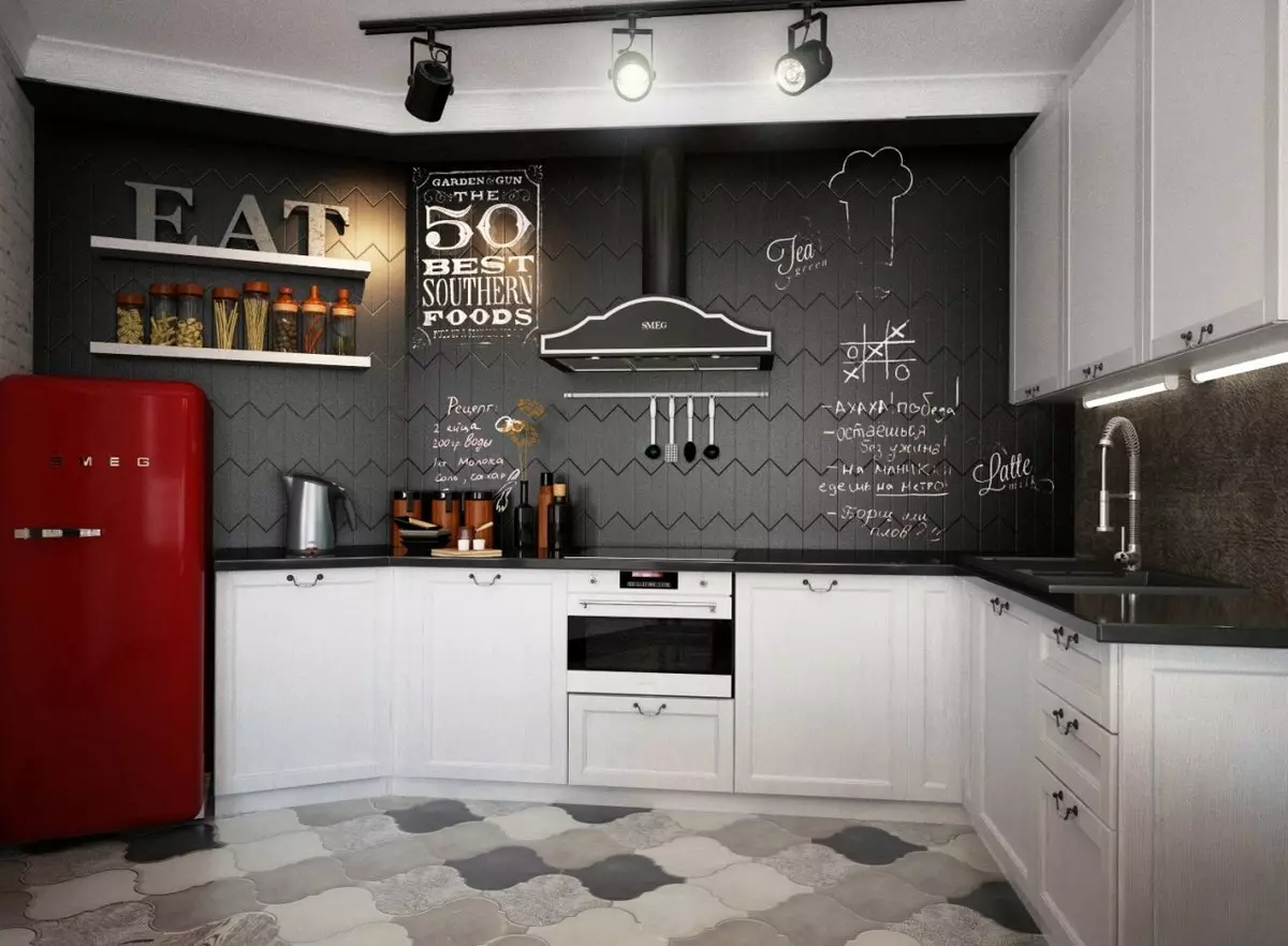 黑白廚房（105張照片）：黑色和白色廚房在室內設計，廚房用黑色電器，黑色和白色廚房用不同的款式。什麼調味？ 21148_73