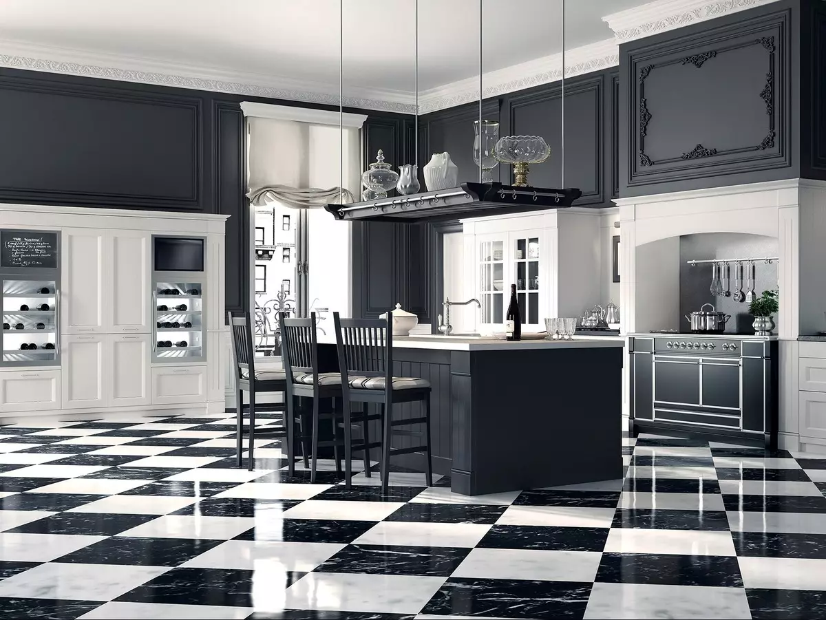 kuzhinë zezë dhe të bardhë (fotot 105): të zezë dhe të bardhë të vendosur në dizajn të brendshëm kuzhinë, kuzhinë me pajisje të zeza, kuzhinë zezë dhe e bardhë në stile të ndryshme. Çfarë tonet do të përshtaten? 21148_80
