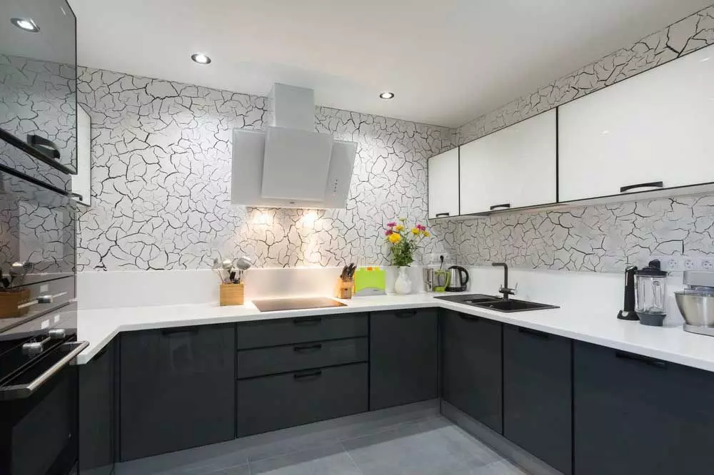 Սեւ եւ սպիտակ խոհանոց (105 լուսանկար). Սեւ եւ սպիտակ խոհանոցը տեղադրված է ինտերիերի ձեւավորման, խոհանոցը սեւ տեխնիկայով, սեւ եւ սպիտակ խոհանոցով տարբեր ոճերով: Ինչ երանգներ կտեղավորվեն: 21148_89