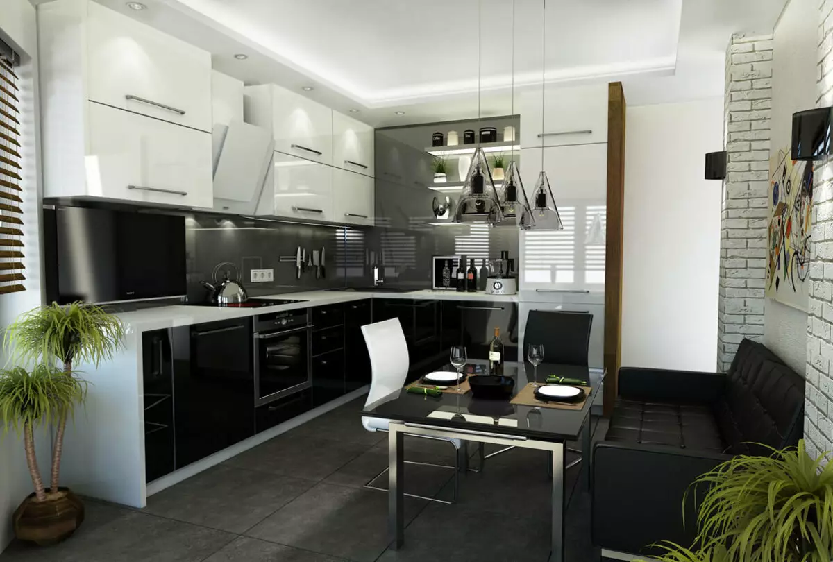 Cocina en branco e negro (105 fotos): cociña branco e negro en deseño de interiores, cociña con electrodomésticos negros, cociña en branco e negro en diferentes estilos. Que tons caberán? 21148_98
