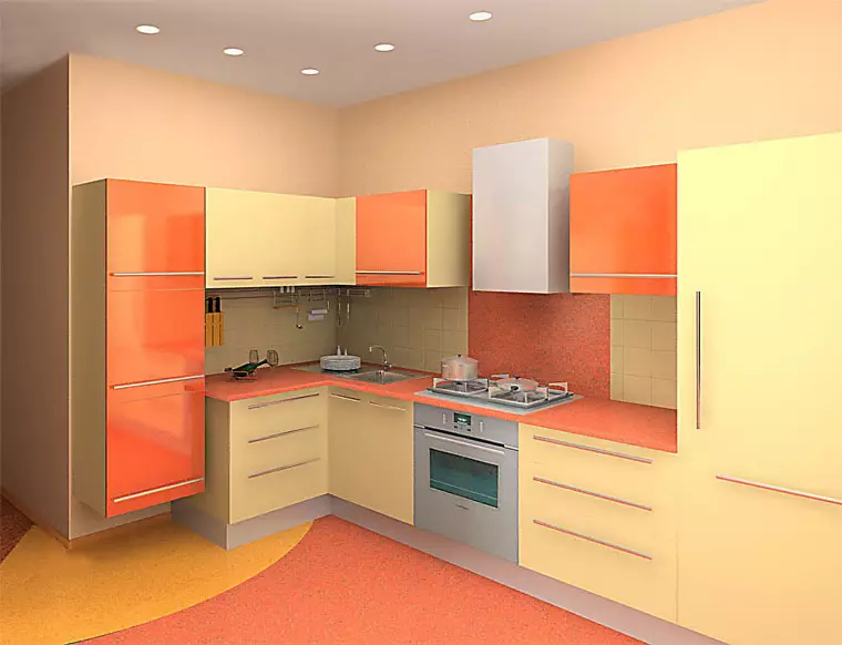पीच स्वयंपाकघर (61 फोटो): अंतर्गत रंग, डिझाइन पर्यायांसह पीच संयोजन, पीचचे संयोजन 21151_11