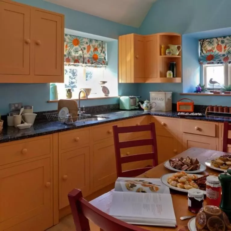 पीच स्वयंपाकघर (61 फोटो): अंतर्गत रंग, डिझाइन पर्यायांसह पीच संयोजन, पीचचे संयोजन 21151_34