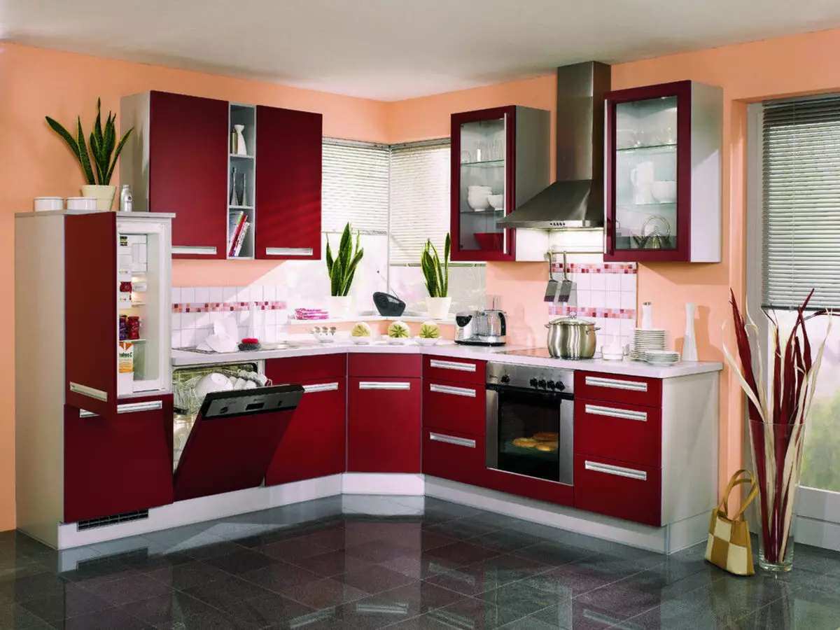 Cozinhas de pêssego (61 fotos): nuances do fone de ouvido de cozinha de cores de pêssego no interior, combinação de pêssego com outras cores, opções de design 21151_35
