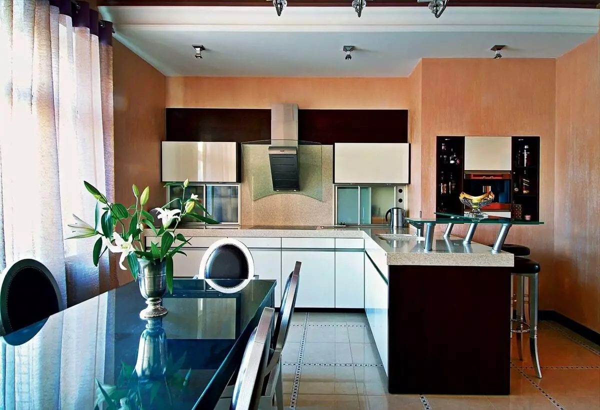 Őszibarack konyhák (61 fotók): Az őszibarack színek konyhai fejhallgatójának árnyalatai, az őszibarack kombinációja más színekkel, tervezési lehetőségek 21151_54