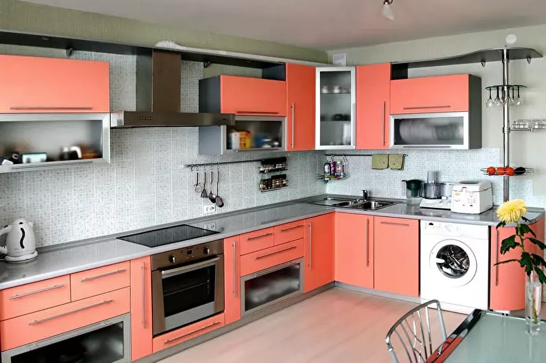 Persiku virtuves (61 fotogrāfijas): nianses virtuves austiņas persiku krāsas interjerā, kombinācija persiku ar citām krāsām, dizaina opcijas 21151_7
