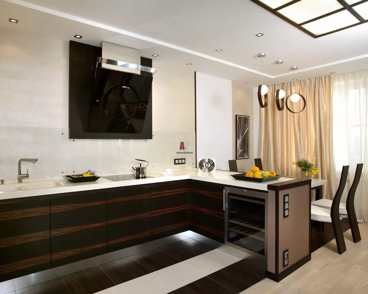 آشپزخانه Wenge (75 عکس): هدست آشپزخانه با سفید و بژ، نمونه های طراحی داخلی با یک آشپزخانه گوشه ای در Wenge 21154_19