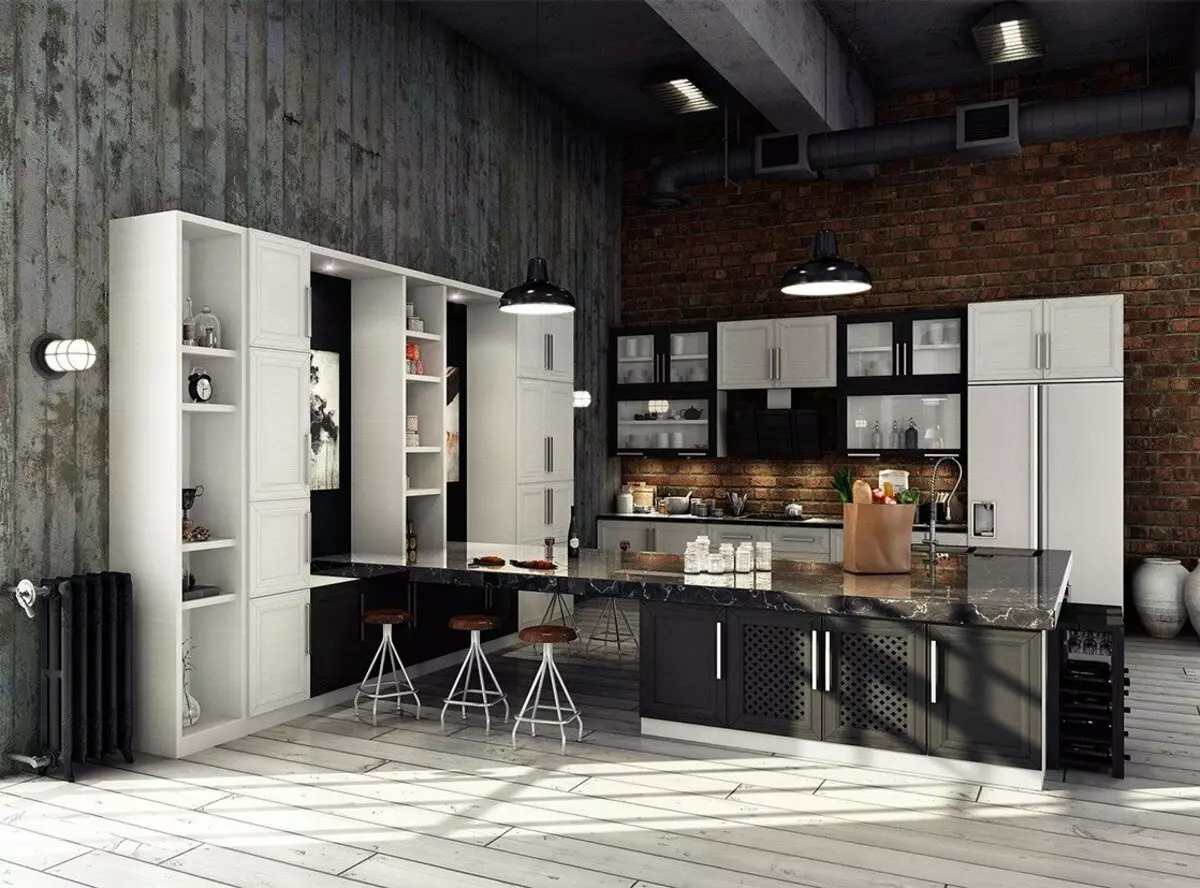 Loft Style Kitchen (99 argazki): txoko sukaldea barruko diseinuan, sukalde zurian eta grisan, sukalde modularrak apartamentuan, gortina egokiak eta kandelak 21160_16