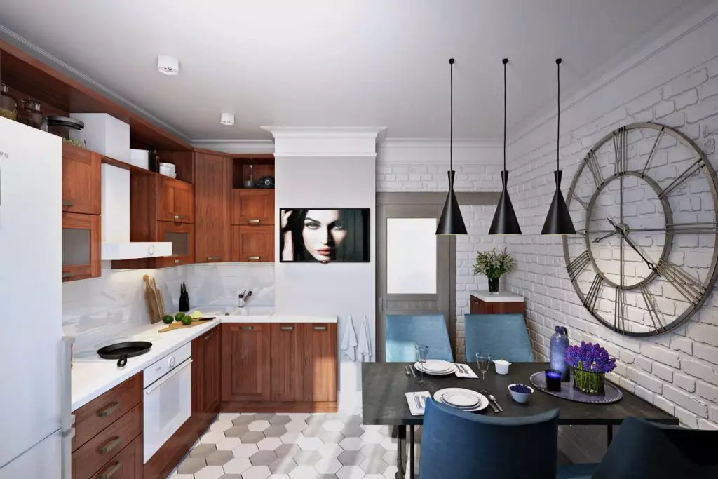 Cociña do estilo Loft (99 fotos): cociña de canto en deseño de interiores, cociña branca e gris, cociñas modulares no apartamento, cortinas e lámpadas axeitadas 21160_17