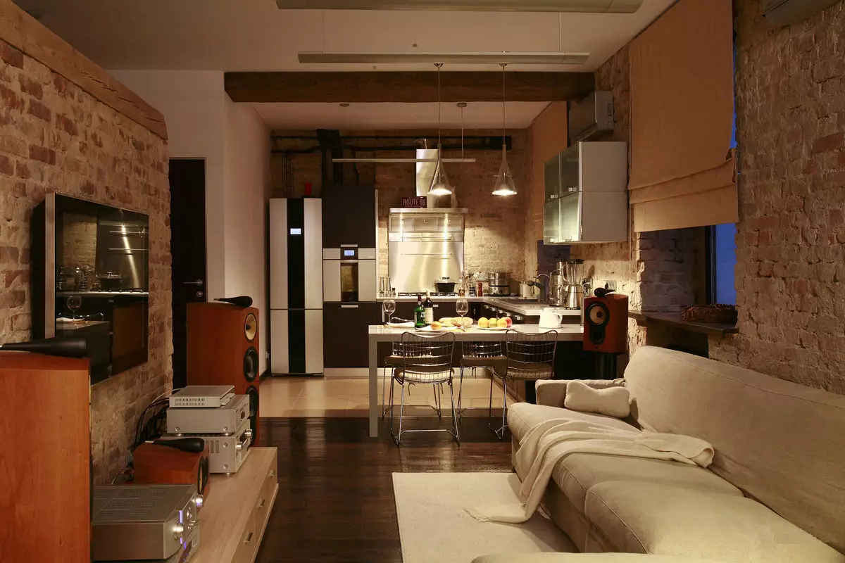 Loft Style Kitchen (99 argazki): txoko sukaldea barruko diseinuan, sukalde zurian eta grisan, sukalde modularrak apartamentuan, gortina egokiak eta kandelak 21160_19