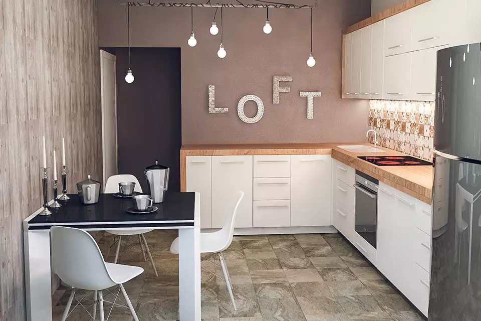 Cociña do estilo Loft (99 fotos): cociña de canto en deseño de interiores, cociña branca e gris, cociñas modulares no apartamento, cortinas e lámpadas axeitadas 21160_21