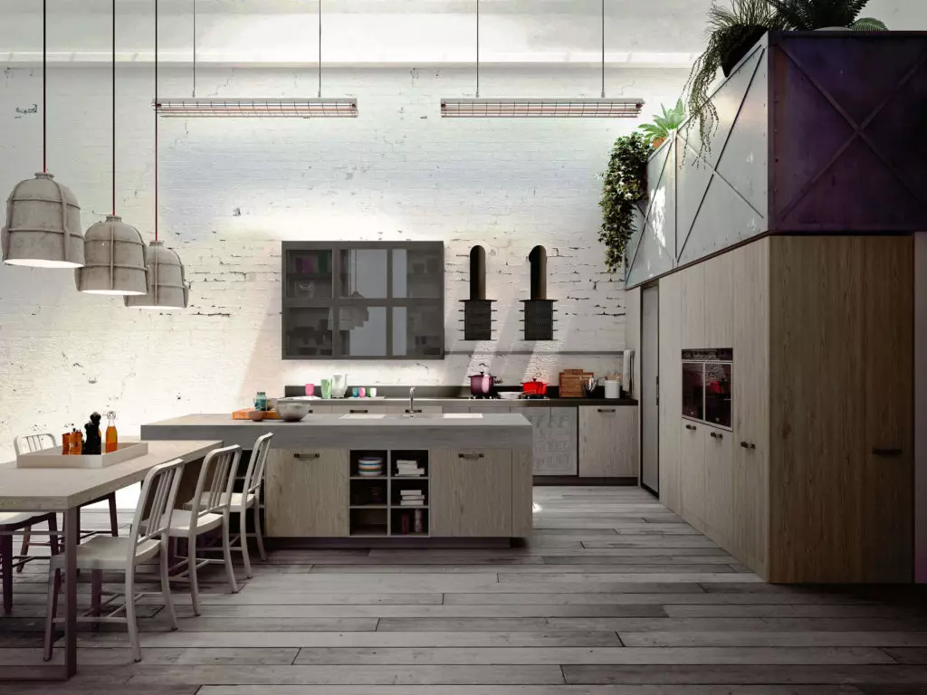 Loft Style Kitchen (99 fotos): cuina de cantonada situada en disseny d'interiors, cuina blanca i grisa, cuines modulars a l'apartament, cortines i aranyes adequades 21160_27