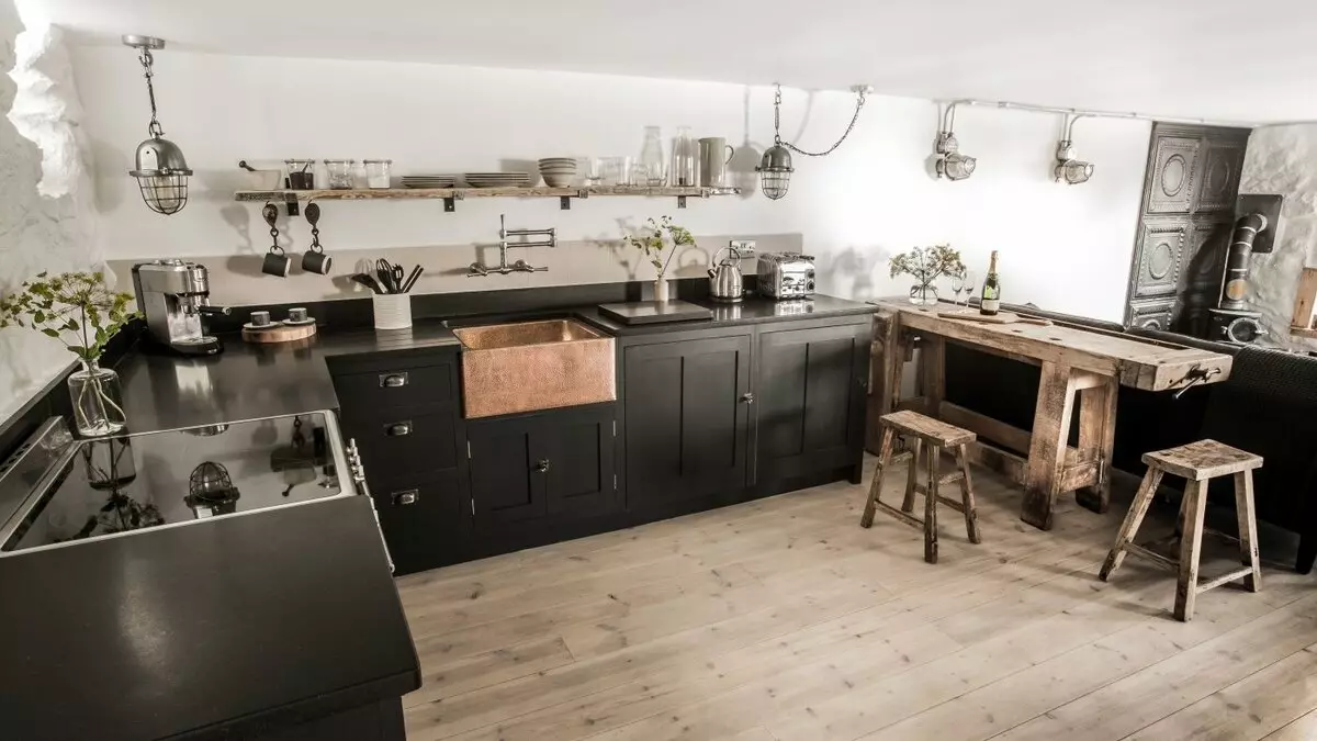 Loft Style Kitchen (99 fotos): cuina de cantonada situada en disseny d'interiors, cuina blanca i grisa, cuines modulars a l'apartament, cortines i aranyes adequades 21160_3
