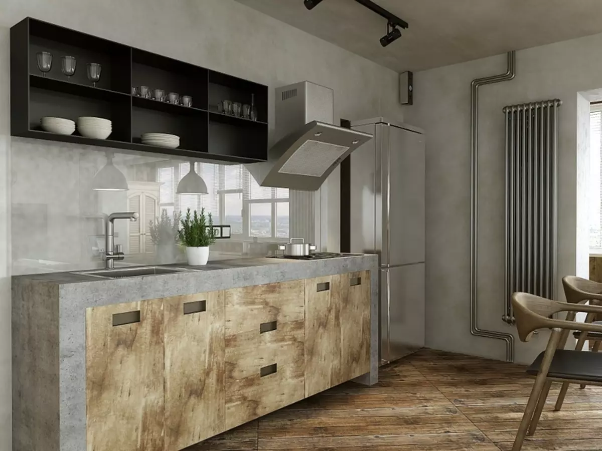 Cociña do estilo Loft (99 fotos): cociña de canto en deseño de interiores, cociña branca e gris, cociñas modulares no apartamento, cortinas e lámpadas axeitadas 21160_32