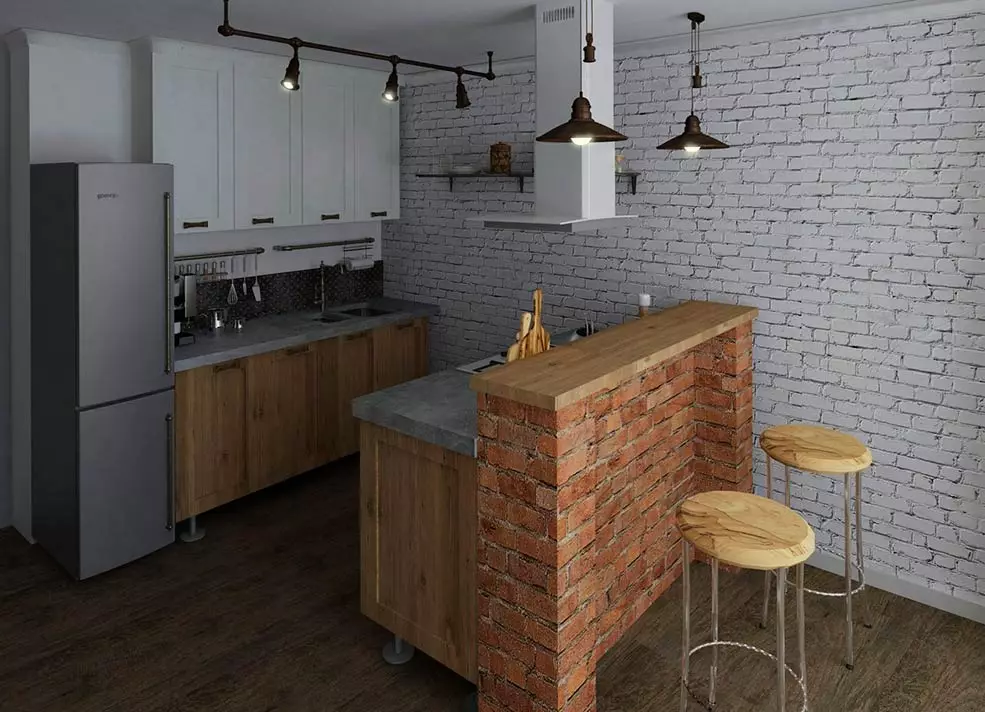 Loft Style Kitchen (99 argazki): txoko sukaldea barruko diseinuan, sukalde zurian eta grisan, sukalde modularrak apartamentuan, gortina egokiak eta kandelak 21160_34