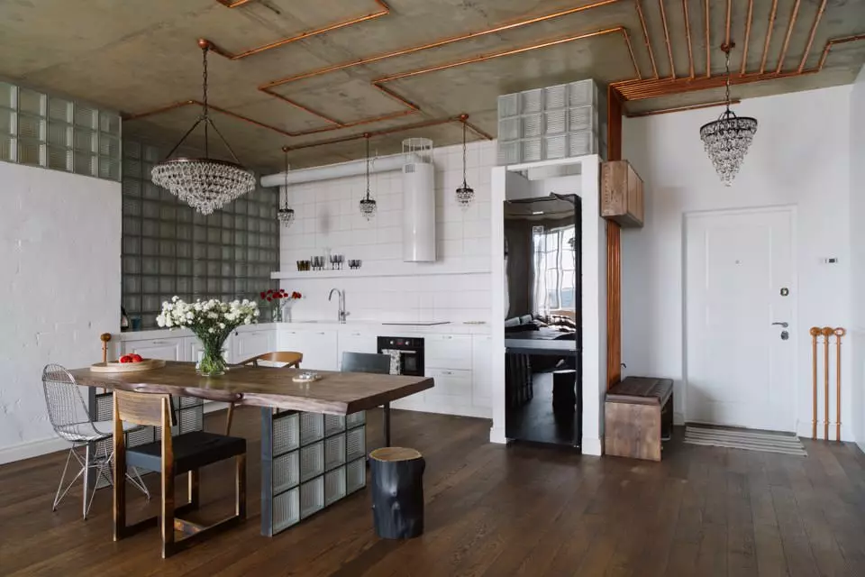 Loft Style Kitchen (99 fotos): cuina de cantonada situada en disseny d'interiors, cuina blanca i grisa, cuines modulars a l'apartament, cortines i aranyes adequades 21160_39