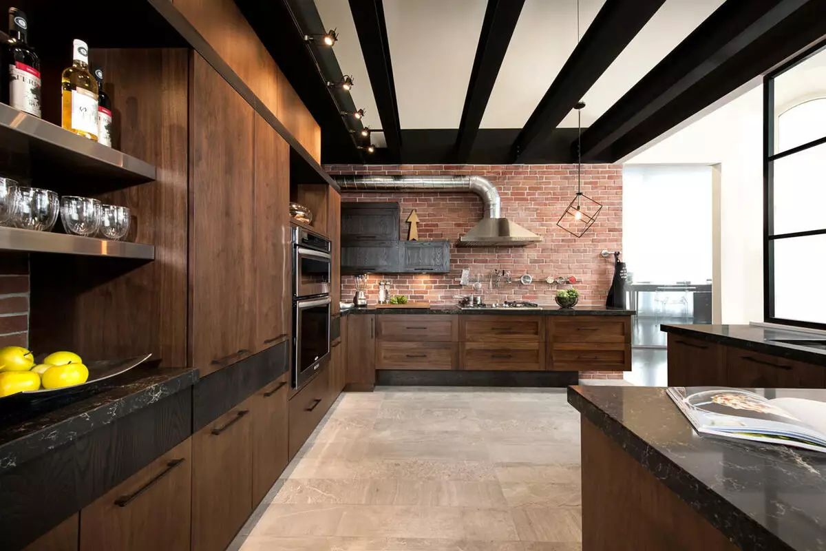 Loft Style Köök (99 fotot): nurgaköök Sisekujundus, valge ja halli köök, modulaarsed köögid korteris, sobivad kardinad ja lühtrid 21160_4
