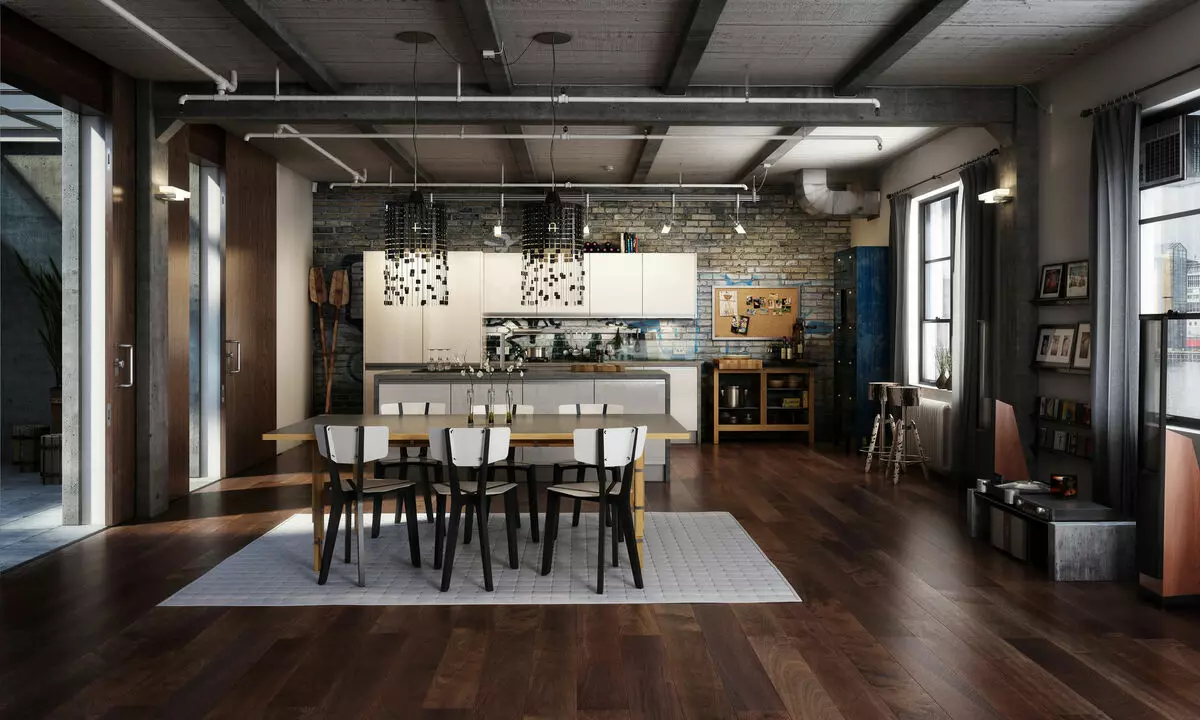 Loft Style Köök (99 fotot): nurgaköök Sisekujundus, valge ja halli köök, modulaarsed köögid korteris, sobivad kardinad ja lühtrid 21160_40