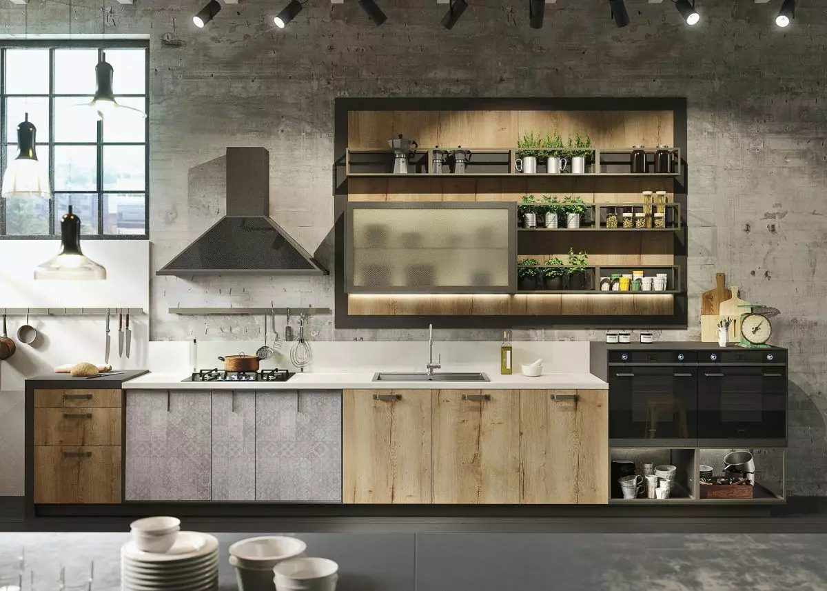 Loft Style Köök (99 fotot): nurgaköök Sisekujundus, valge ja halli köök, modulaarsed köögid korteris, sobivad kardinad ja lühtrid 21160_5