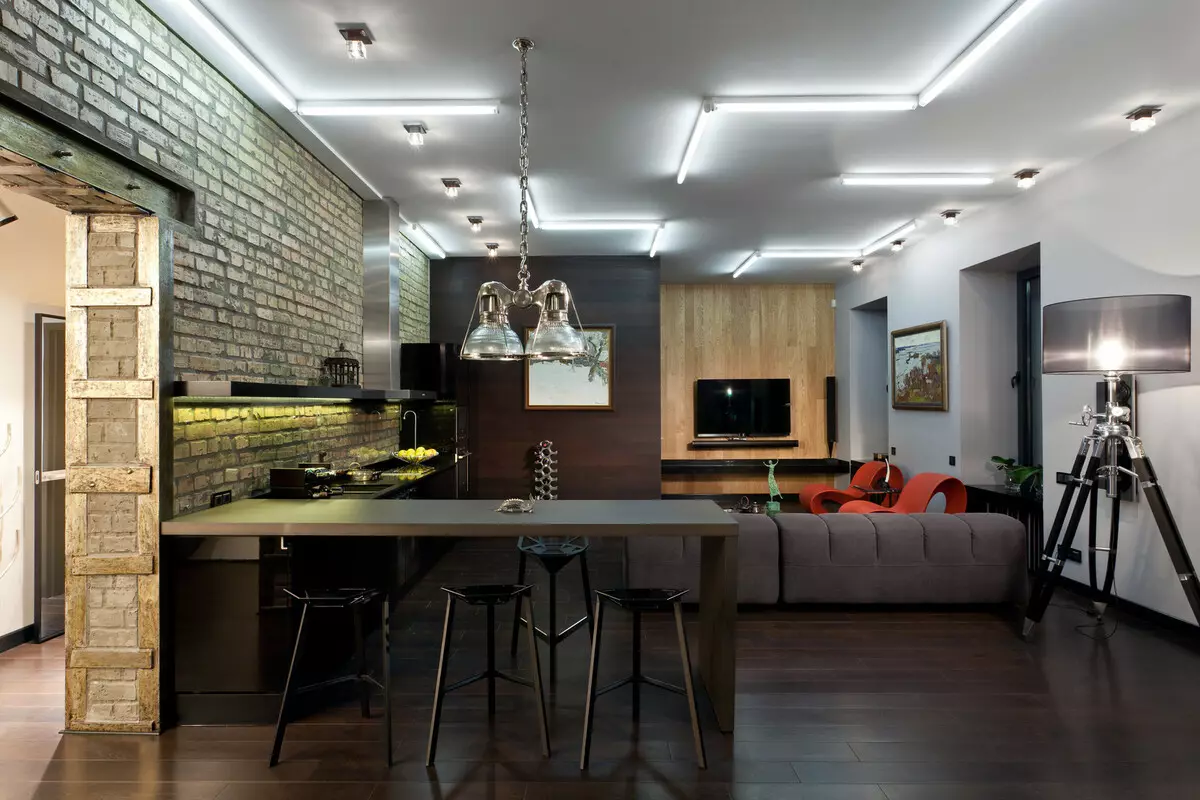 Loft Style Kitchen (99 argazki): txoko sukaldea barruko diseinuan, sukalde zurian eta grisan, sukalde modularrak apartamentuan, gortina egokiak eta kandelak 21160_50