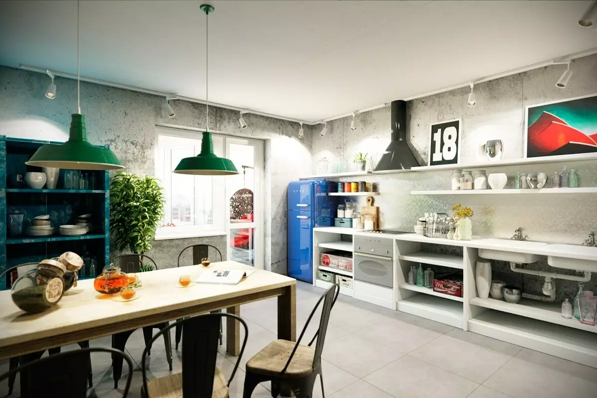 Loft Style Kitchen (99 fotos): cuina de cantonada situada en disseny d'interiors, cuina blanca i grisa, cuines modulars a l'apartament, cortines i aranyes adequades 21160_55