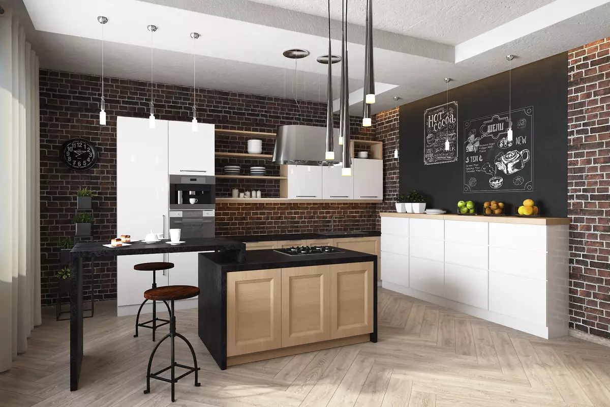 लॉफ्ट शैली स्वयंपाकघर (99 फोटो): अंतर्गत डिझाइन, पांढरा आणि राखाडी स्वयंपाकघर, अपार्टमेंटमध्ये मॉड्यूलर किचन, योग्य पडदे आणि चंदेलियर 21160_61